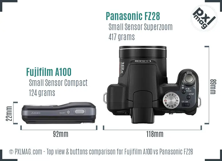 Fujifilm A100 vs Panasonic FZ28 top view buttons comparison
