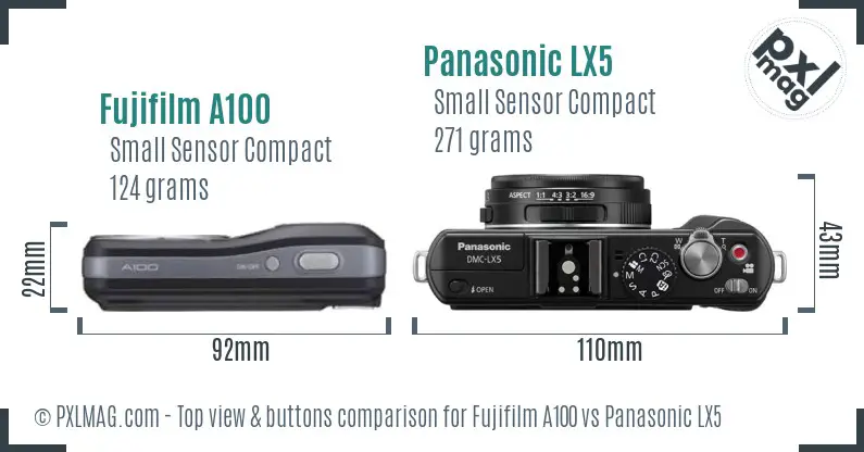 Fujifilm A100 vs Panasonic LX5 top view buttons comparison