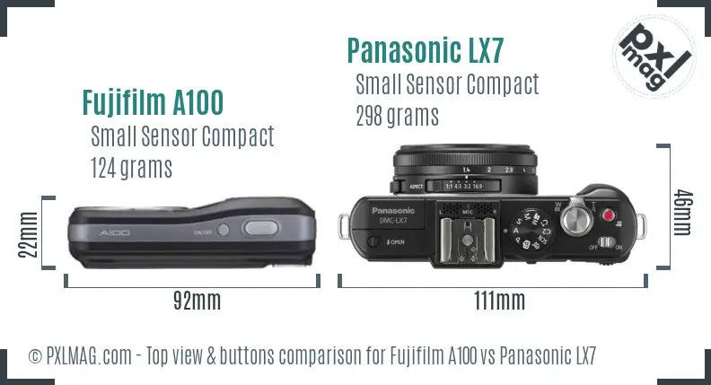 Fujifilm A100 vs Panasonic LX7 top view buttons comparison Fujifilm A100 vs Panasonic LX7 top view buttons comparison