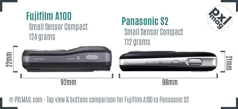 Fujifilm A100 vs Panasonic S2 top view buttons comparison Fujifilm A100 vs Panasonic S2 top view buttons comparison