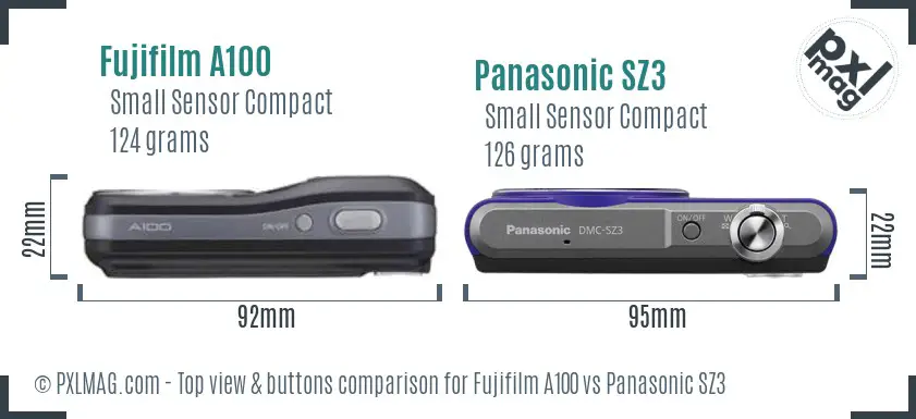 Fujifilm A100 vs Panasonic SZ3 top view buttons comparison Fujifilm A100 vs Panasonic SZ3 top view buttons comparison