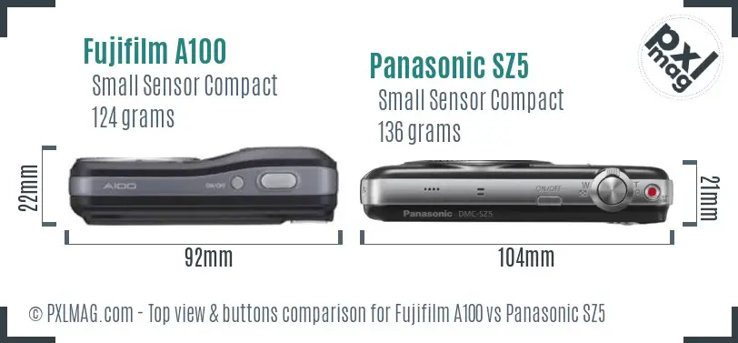 Fujifilm A100 vs Panasonic SZ5 top view buttons comparison