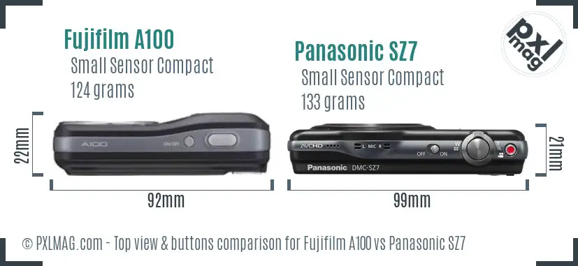 Fujifilm A100 vs Panasonic SZ7 top view buttons comparison