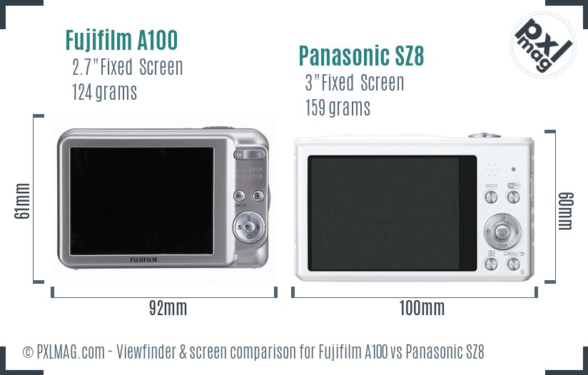 Fujifilm A100 vs Panasonic SZ8 Screen and Viewfinder comparison