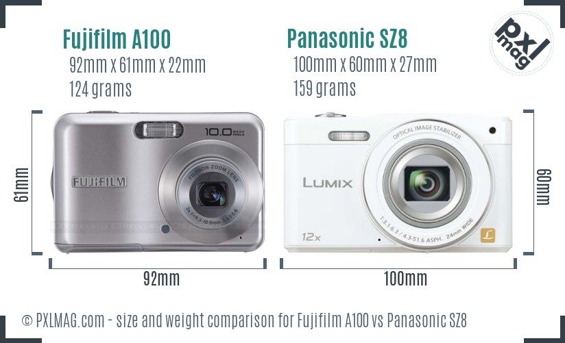 Fujifilm A100 vs Panasonic SZ8 size comparison
