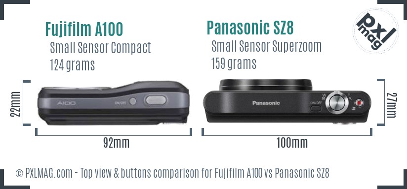 Fujifilm A100 vs Panasonic SZ8 top view buttons comparison