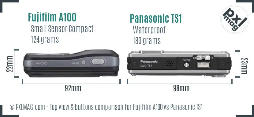 Fujifilm A100 vs Panasonic TS1 top view buttons comparison