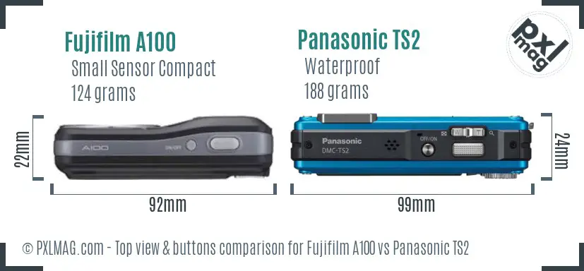 Fujifilm A100 vs Panasonic TS2 top view buttons comparison