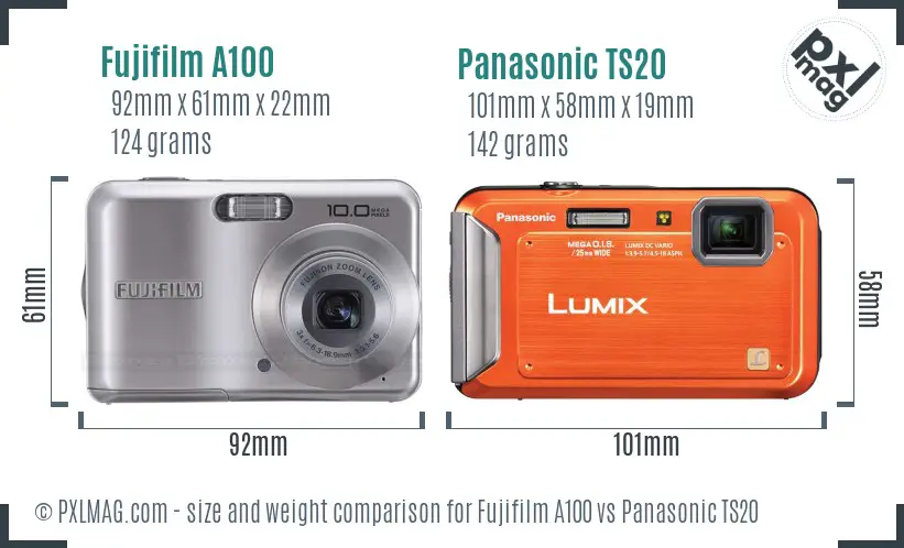 Fujifilm A100 vs Panasonic TS20 size comparison