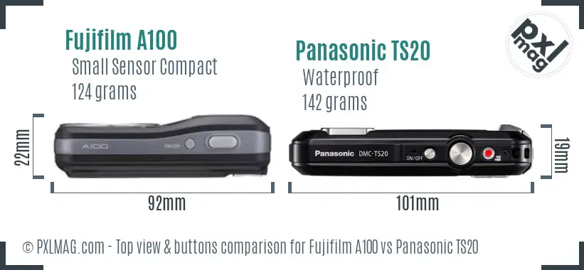 Fujifilm A100 vs Panasonic TS20 top view buttons comparison