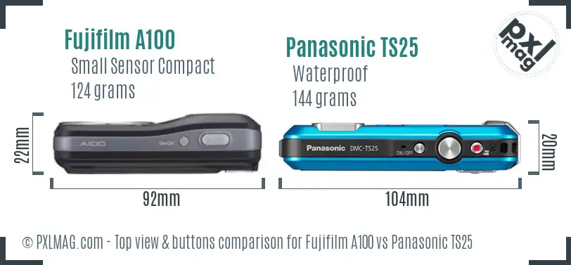Fujifilm A100 vs Panasonic TS25 top view buttons comparison Fujifilm A100 vs Panasonic TS25 top view buttons comparison