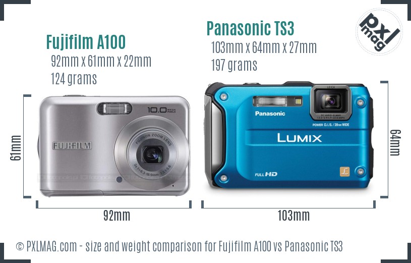 Fujifilm A100 vs Panasonic TS3 size comparison