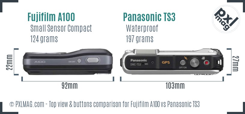 Fujifilm A100 vs Panasonic TS3 top view buttons comparison