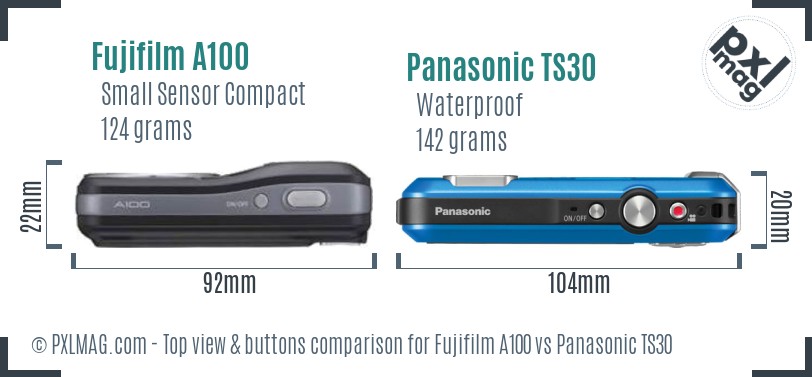 Fujifilm A100 vs Panasonic TS30 top view buttons comparison