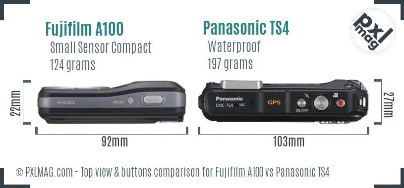 Fujifilm A100 vs Panasonic TS4 top view buttons comparison
