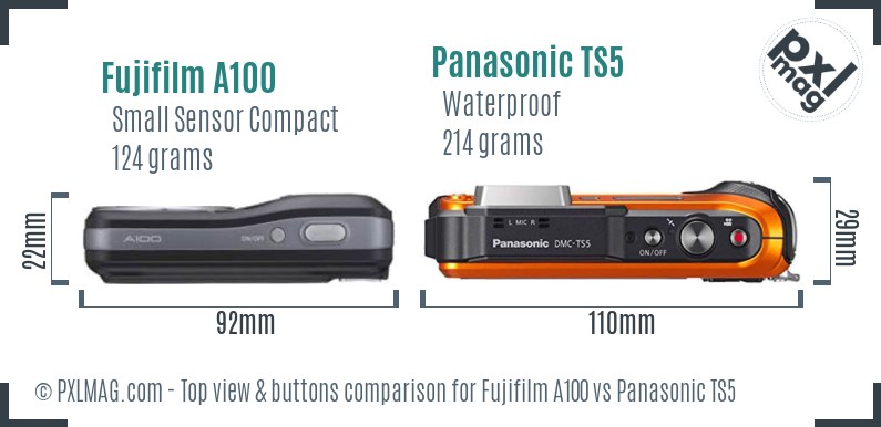 Fujifilm A100 vs Panasonic TS5 top view buttons comparison