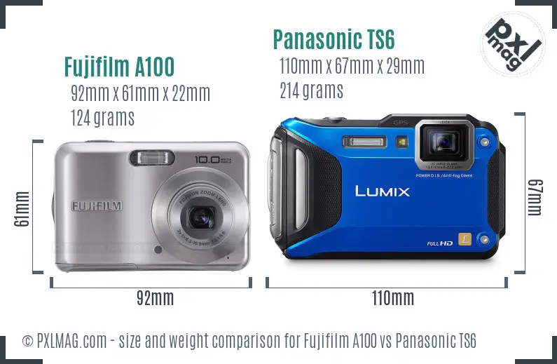 Fujifilm A100 vs Panasonic TS6 size comparison