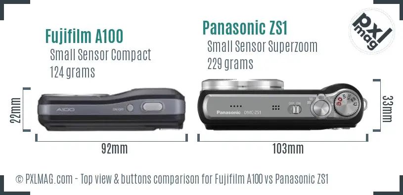 Fujifilm A100 vs Panasonic ZS1 top view buttons comparison Fujifilm A100 vs Panasonic ZS1 top view buttons comparison
