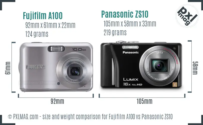 Fujifilm A100 vs Panasonic ZS10 size comparison Fujifilm A100 vs Panasonic ZS10 size comparison