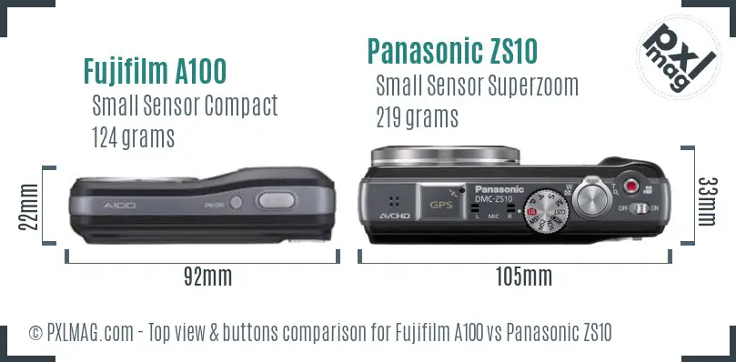 Fujifilm A100 vs Panasonic ZS10 top view buttons comparison Fujifilm A100 vs Panasonic ZS10 top view buttons comparison