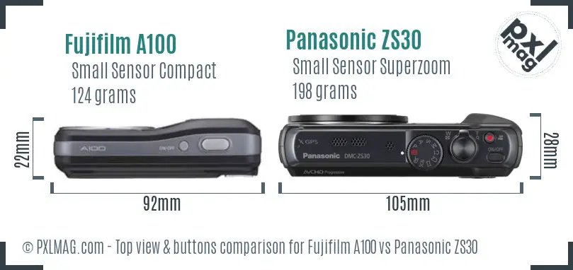 Fujifilm A100 vs Panasonic ZS30 top view buttons comparison Fujifilm A100 vs Panasonic ZS30 top view buttons comparison