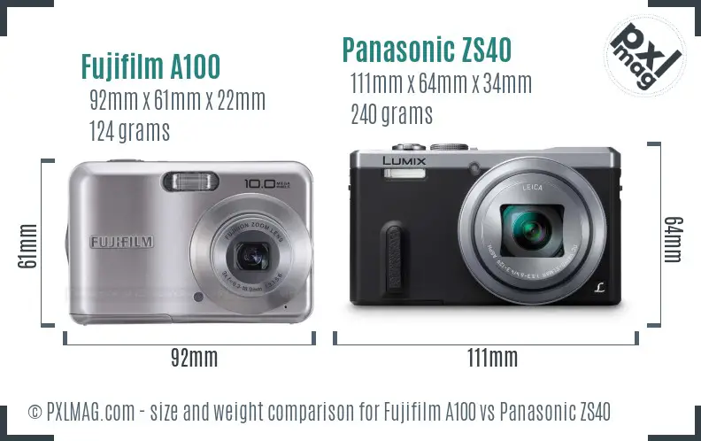 Fujifilm A100 vs Panasonic ZS40 size comparison