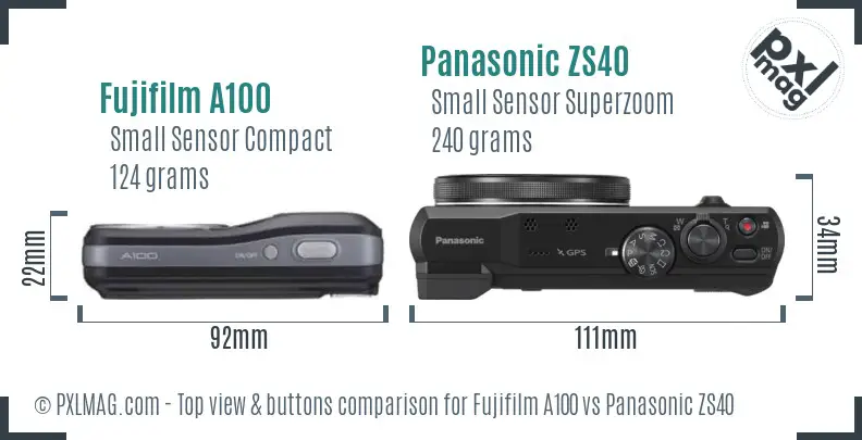 Fujifilm A100 vs Panasonic ZS40 top view buttons comparison