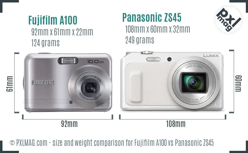 Fujifilm A100 vs Panasonic ZS45 size comparison