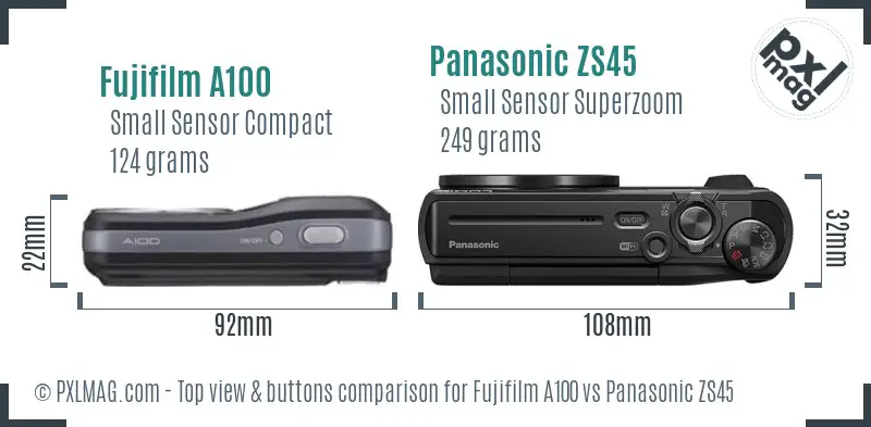 Fujifilm A100 vs Panasonic ZS45 top view buttons comparison