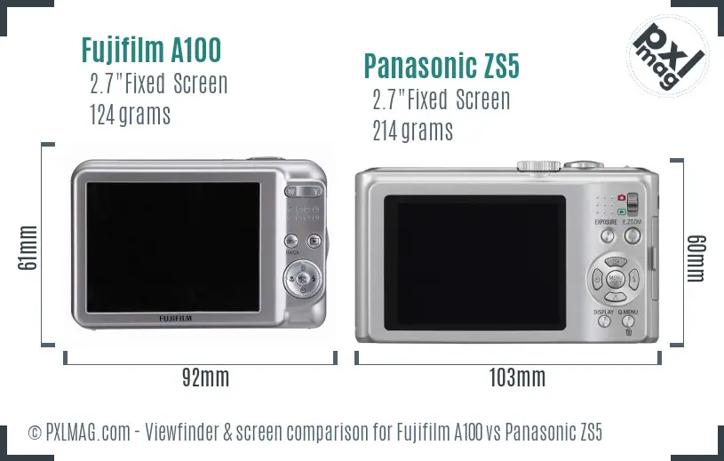 Fujifilm A100 vs Panasonic ZS5 Screen and Viewfinder comparison