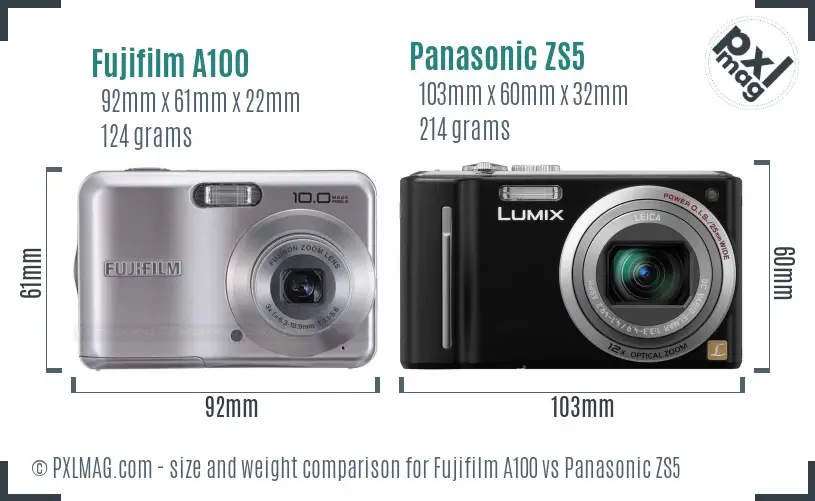 Fujifilm A100 vs Panasonic ZS5 size comparison