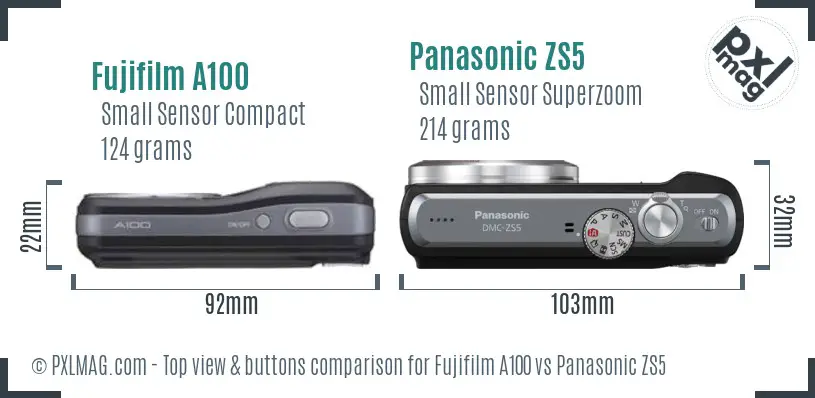 Fujifilm A100 vs Panasonic ZS5 top view buttons comparison