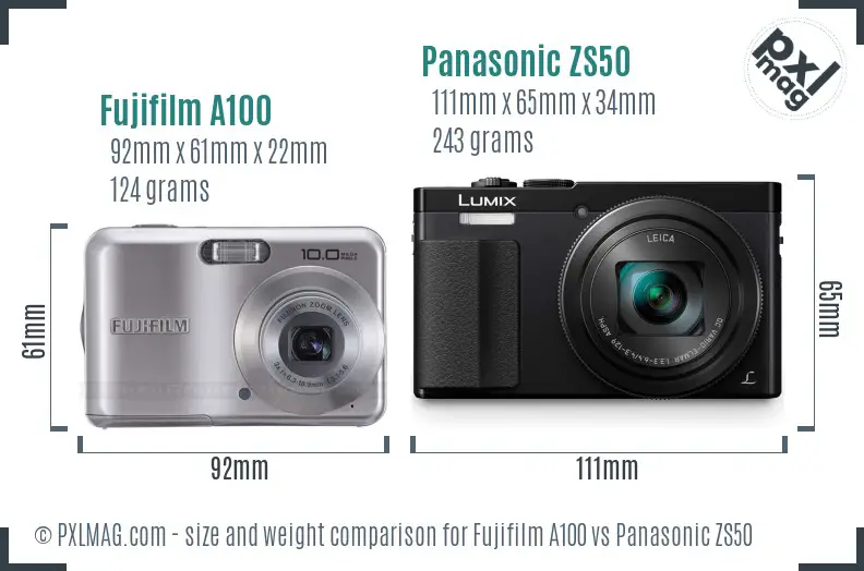 Fujifilm A100 vs Panasonic ZS50 size comparison