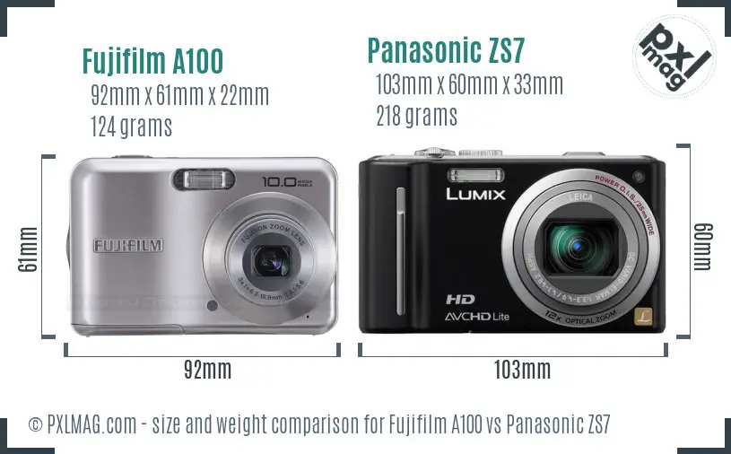 Fujifilm A100 vs Panasonic ZS7 size comparison