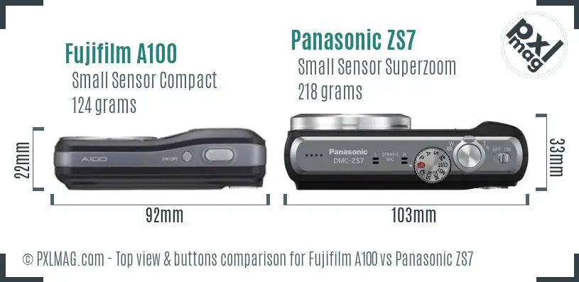 Fujifilm A100 vs Panasonic ZS7 top view buttons comparison