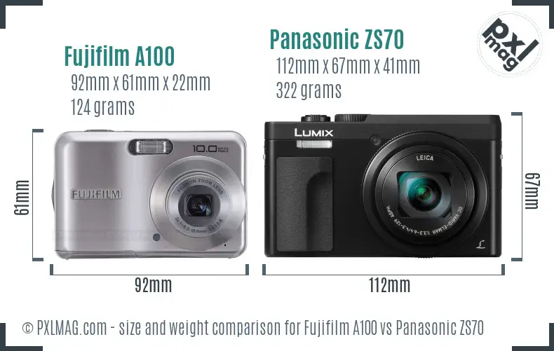 Fujifilm A100 vs Panasonic ZS70 size comparison