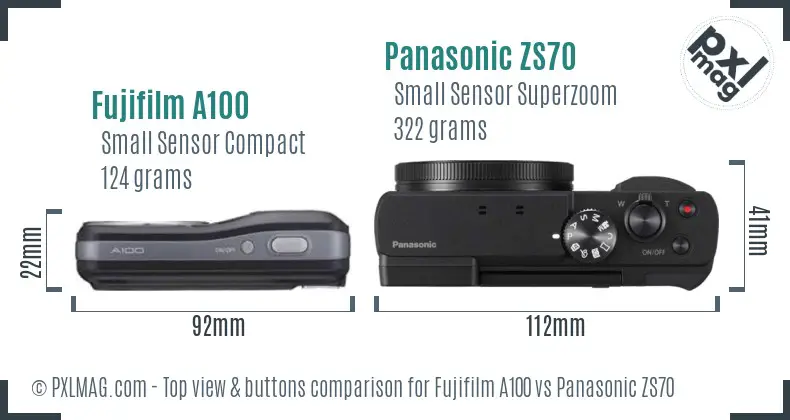 Fujifilm A100 vs Panasonic ZS70 top view buttons comparison