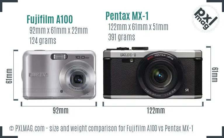 Fujifilm A100 vs Pentax MX-1 size comparison
