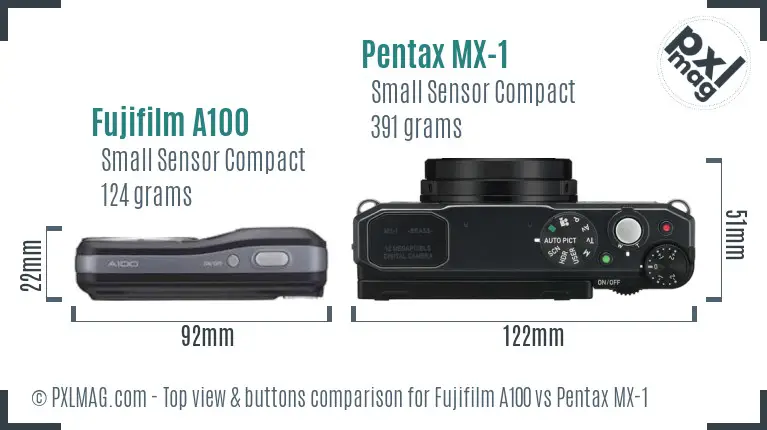 Fujifilm A100 vs Pentax MX-1 top view buttons comparison
