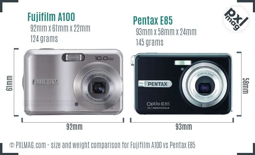 Fujifilm A100 vs Pentax E85 size comparison