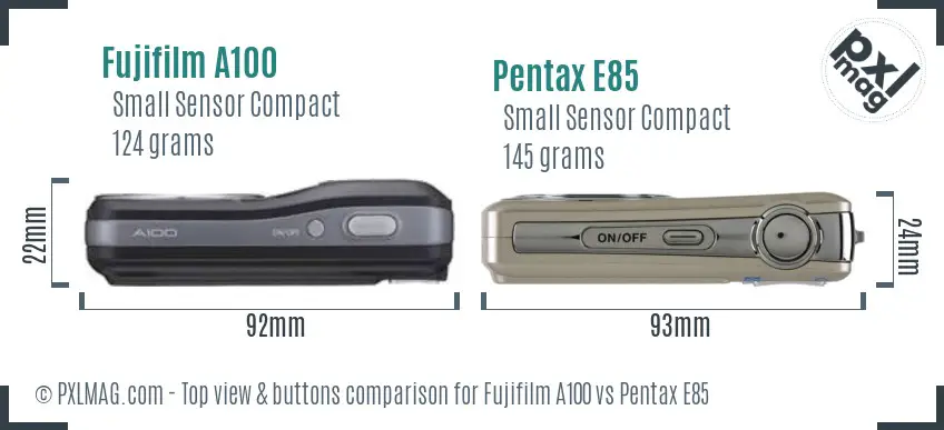 Fujifilm A100 vs Pentax E85 top view buttons comparison