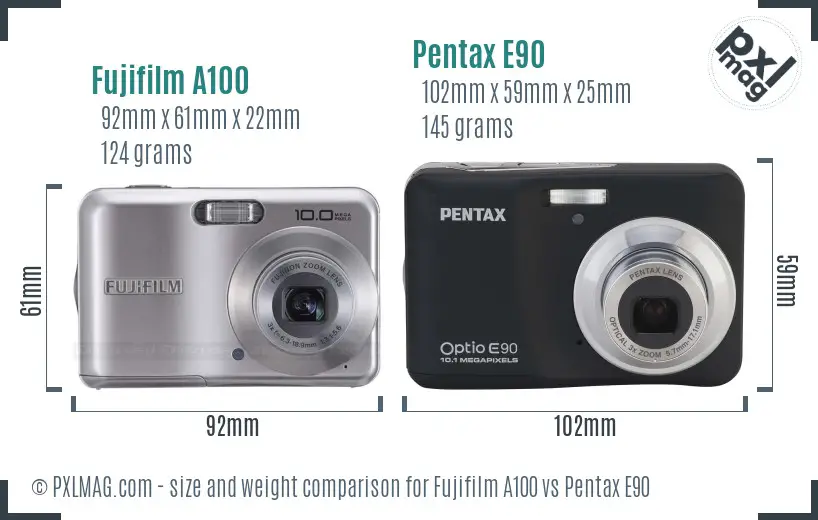 Fujifilm A100 vs Pentax E90 size comparison