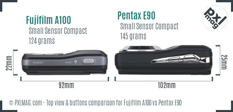 Fujifilm A100 vs Pentax E90 top view buttons comparison