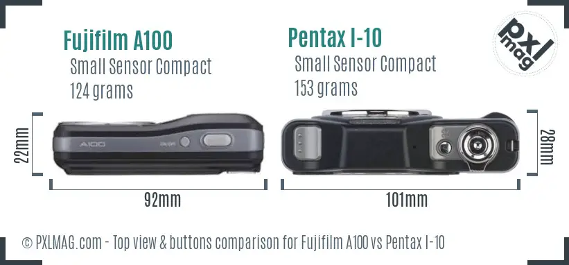 Fujifilm A100 vs Pentax I-10 top view buttons comparison Fujifilm A100 vs Pentax I-10 top view buttons comparison