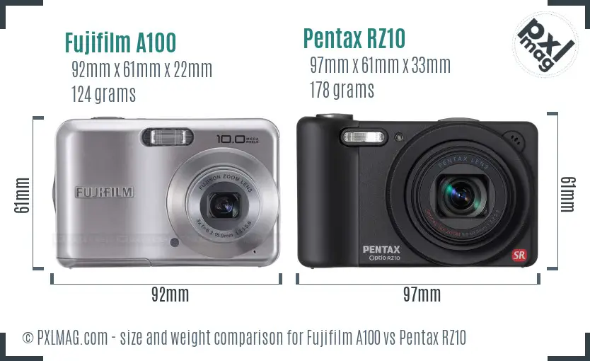 Fujifilm A100 vs Pentax RZ10 size comparison