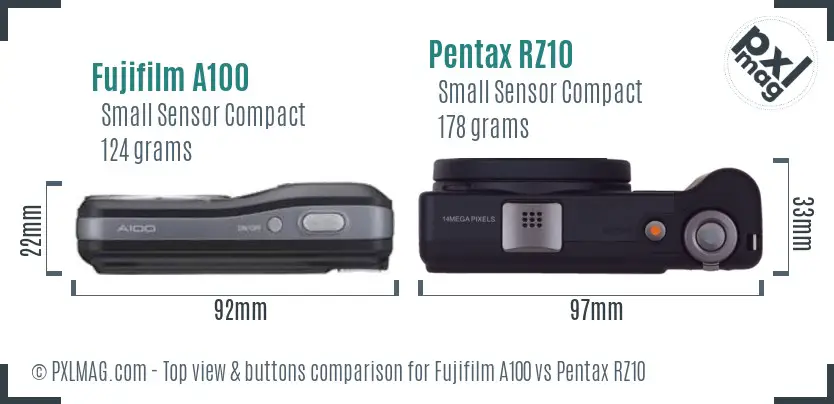 Fujifilm A100 vs Pentax RZ10 top view buttons comparison