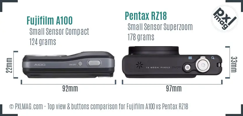 Fujifilm A100 vs Pentax RZ18 top view buttons comparison