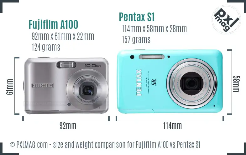 Fujifilm A100 vs Pentax S1 size comparison