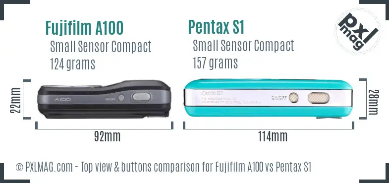 Fujifilm A100 vs Pentax S1 top view buttons comparison