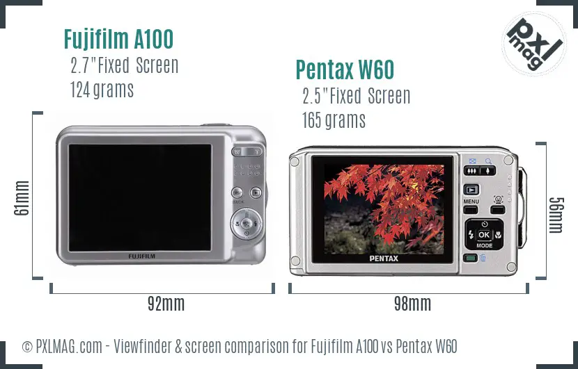 Fujifilm A100 vs Pentax W60 Screen and Viewfinder comparison